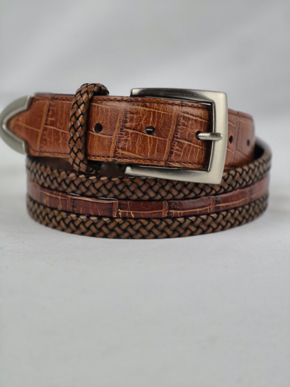 Brighton Braided Two Tone Leather Belt with Moc Croc Accents